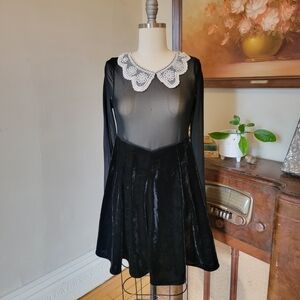 UNIF Black Long Sleeve Sheer Dress Velvet with Lace Collar Medium
